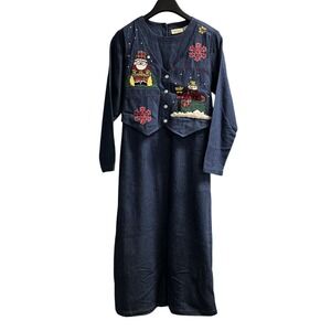 Vintage Mosaic Dress Womens 12 Denim Maxi Snowman Christmas Embroidered Modest